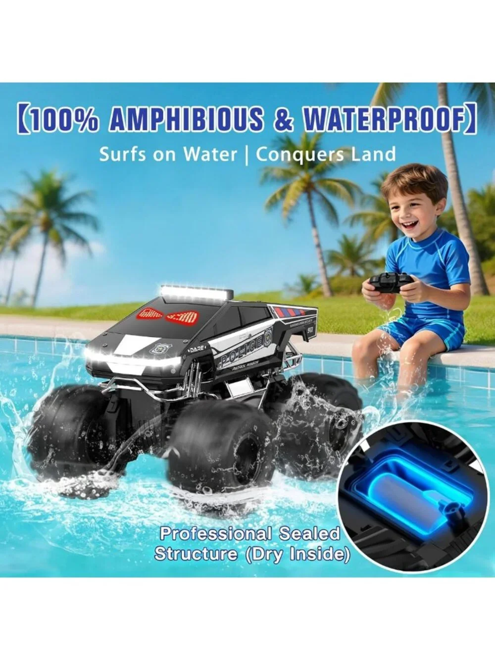 Amphibious Remote Control Car with LED Eyes, 4WD All-Terrain Toy for Kids 6-12